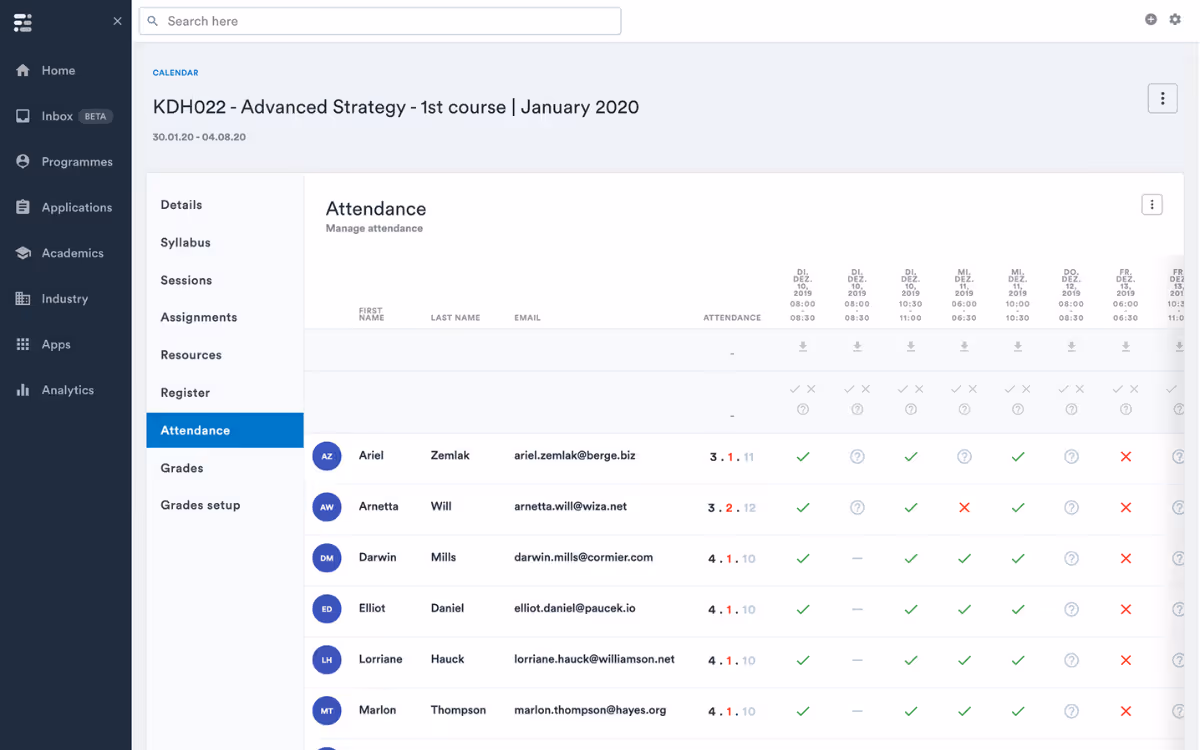 Attendance management dashboard for KDH022 - Advanced Strategy 1st course January 2020 showing student names, emails, and detailed attendance marks across multiple dates in December 2019.