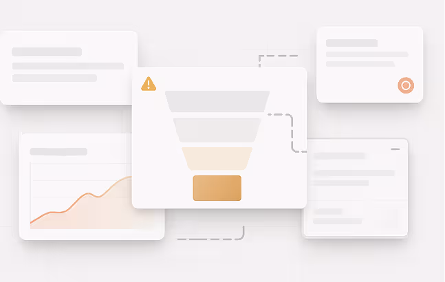 Dashboard interface with a funnel chart highlighted by a warning icon, surrounded by multiple data cards including a line graph and text summaries. Dashboard interface with a funnel chart highlighted by a warning icon, surrounded by multiple data cards including a line graph and text summaries.