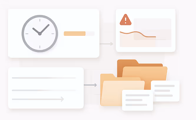 Diagram showing a clock with a progress bar leading to a warning alert and a downward graph, alongside arrows pointing to folders with documents. Diagram showing a clock with a progress bar leading to a warning alert and a downward graph, alongside arrows pointing to folders with documents.