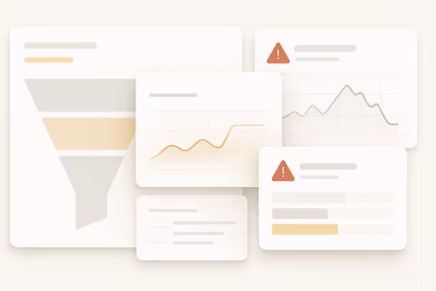 Dashboard with funnel chart, two line graphs, and alert notifications in light beige and gray tones.