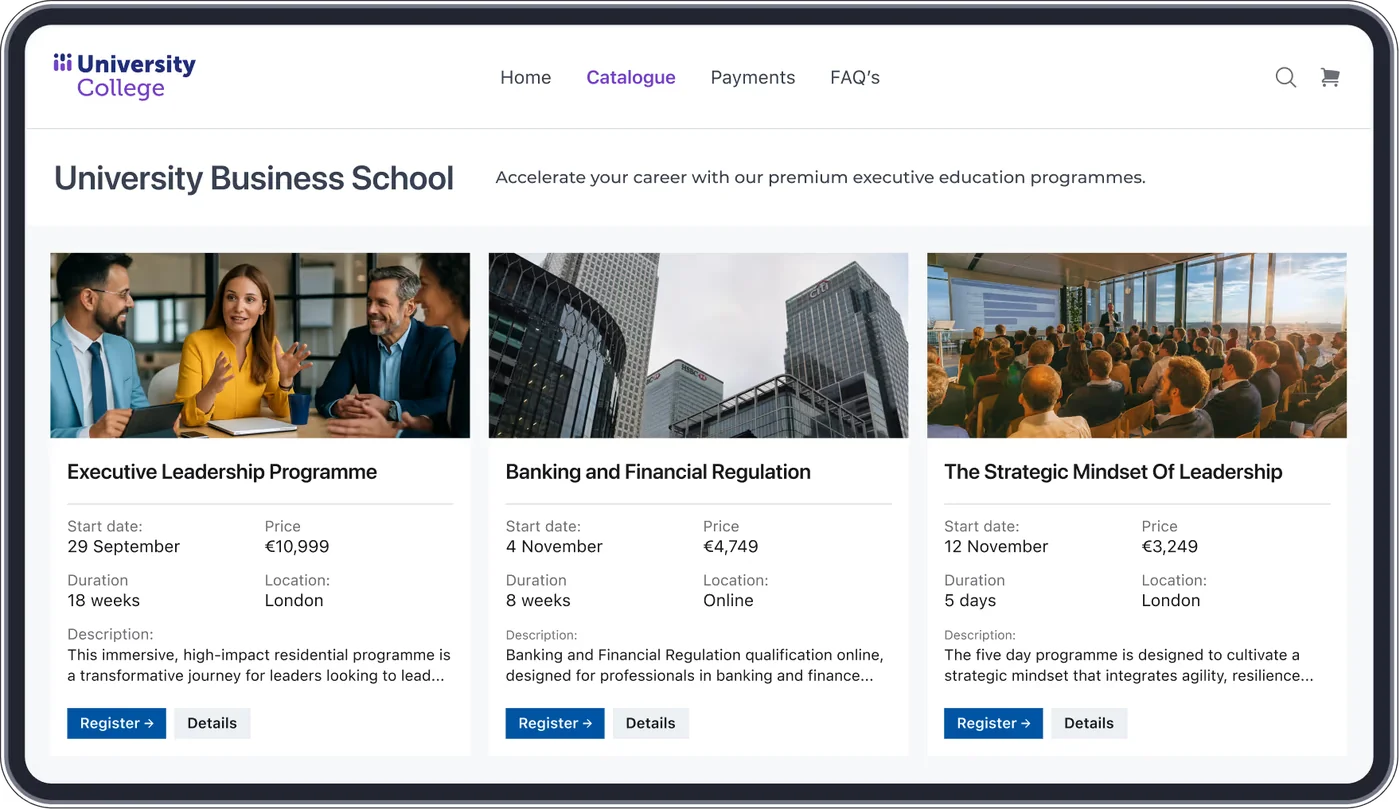 Full Fabric Commerce product interface showing University College programme catalogue