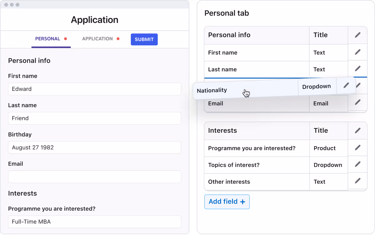 Split screen of an application form on left with personal info fields filled and on right a settings interface showing editable form fields with titles and types.