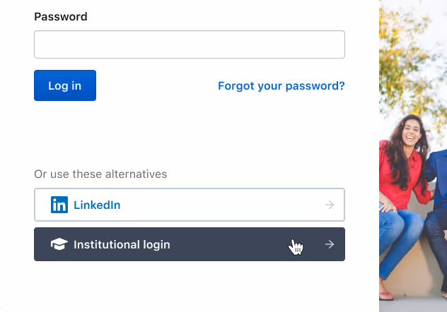 Password login form with a Log in button, a 'Forgot your password?' link, and alternative options for LinkedIn and Institutional login.