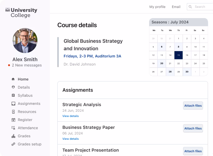 University College student profile for Alex Smith showing course details for Global Business Strategy and Innovation, a July 2024 calendar, and assignment list with attach files options.