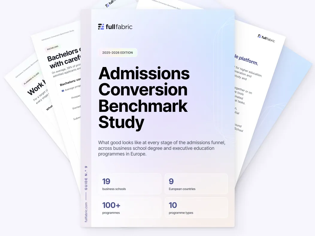 Admissions Conversion Benchmark Study 2025–2026 cover over fanned report pages