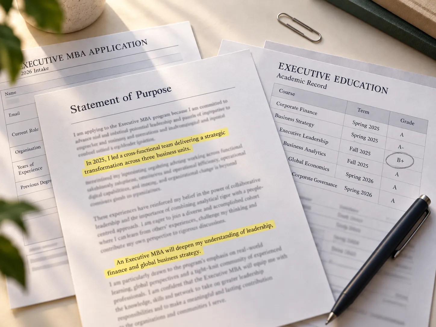 College application documents with highlighted personal statement passages and a transcript showing a circled grade