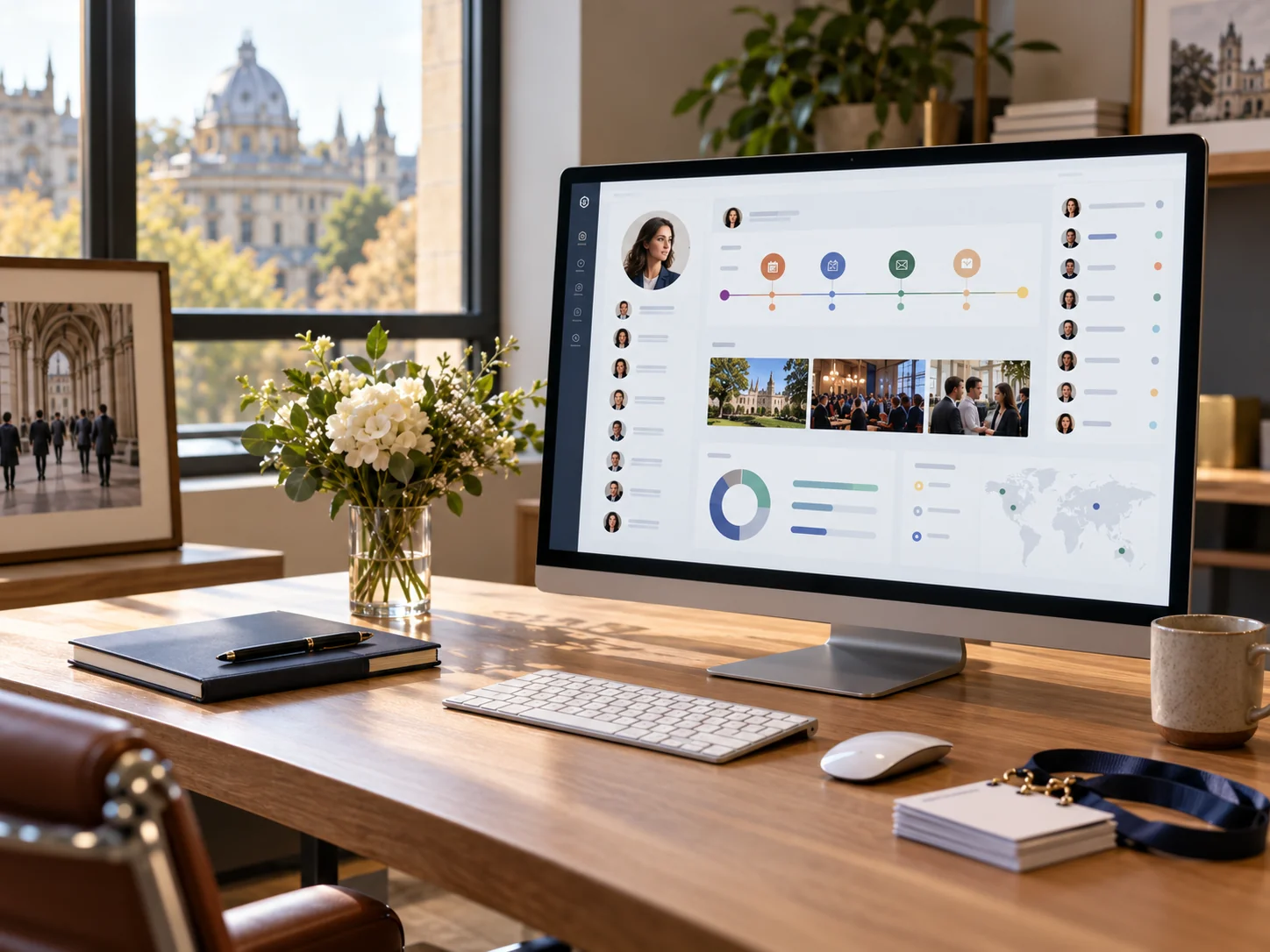 Desktop monitor displaying profiles, an activity timeline, event photos and engagement charts in a university office