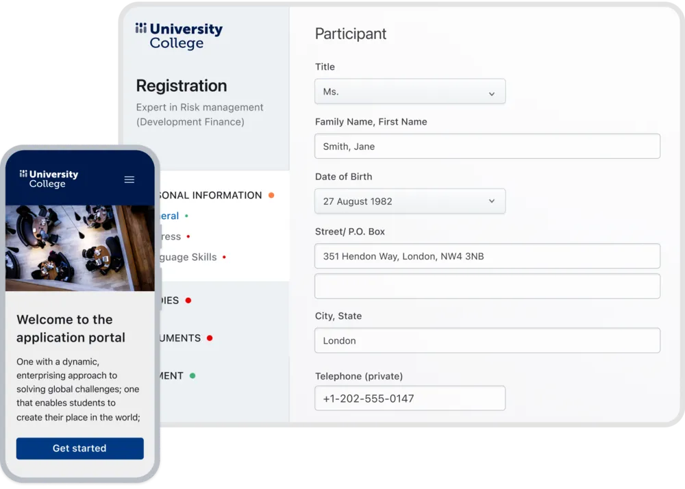 Full Fabric brand-aligned application portal showing registration form and mobile welcome screen