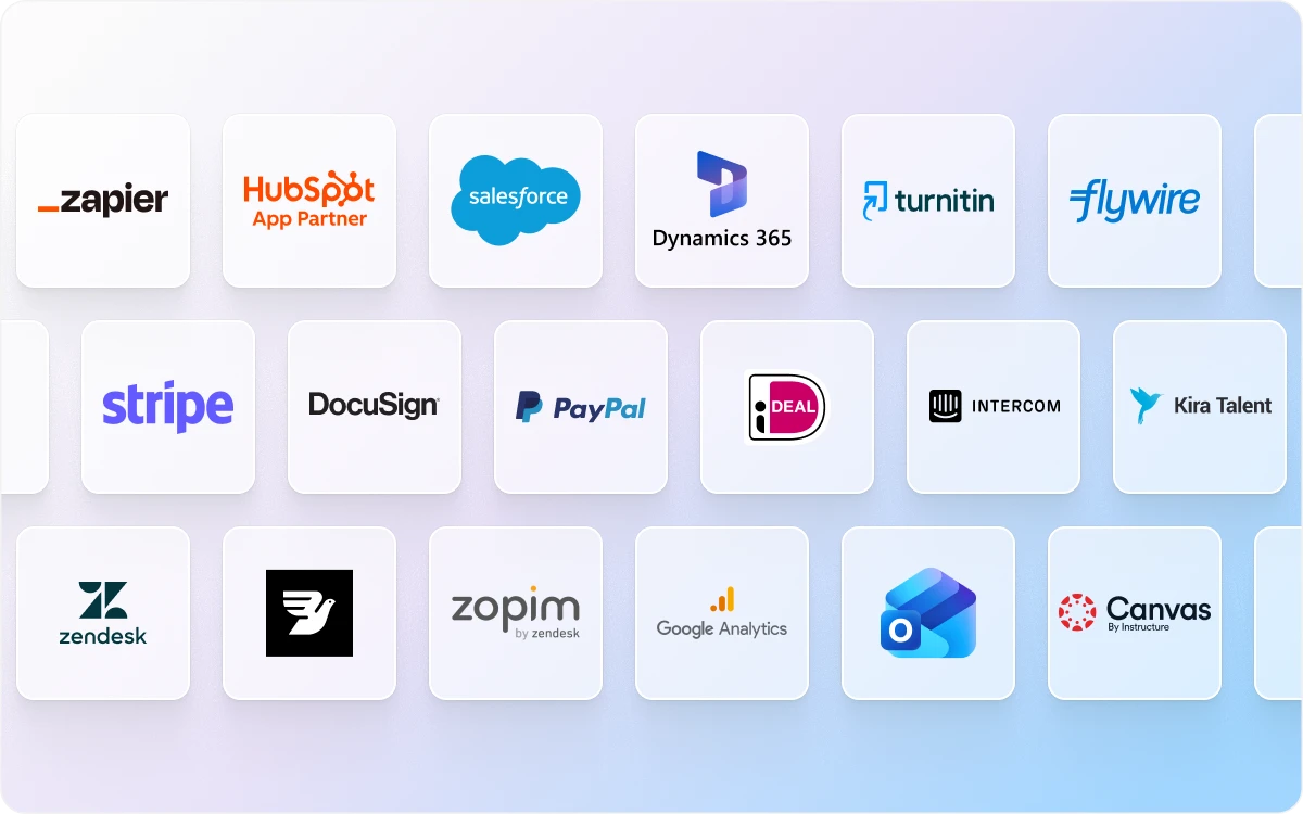 Full Fabric integrations grid showing Zapier, HubSpot, Salesforce, Dynamics 365, Turnitin, Flywire, Stripe, DocuSign, PayPal, iDeal, Intercom, Kira Talent, Zendesk, Zopim, Google Analytics and Canvas