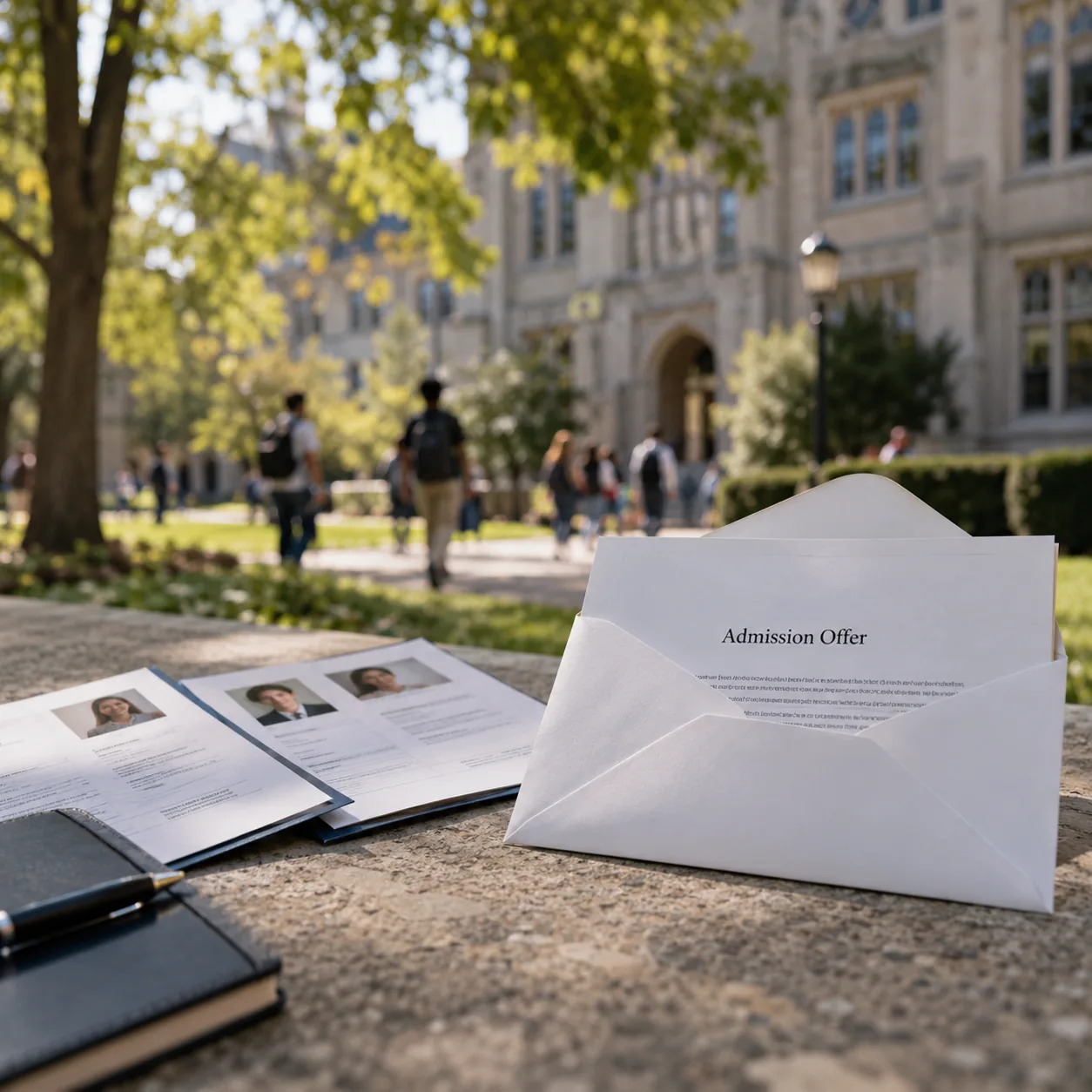 College admission offer in an envelope on a university campus