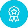 White excellence award ribbon with a star in the center on a turquoise circular background.