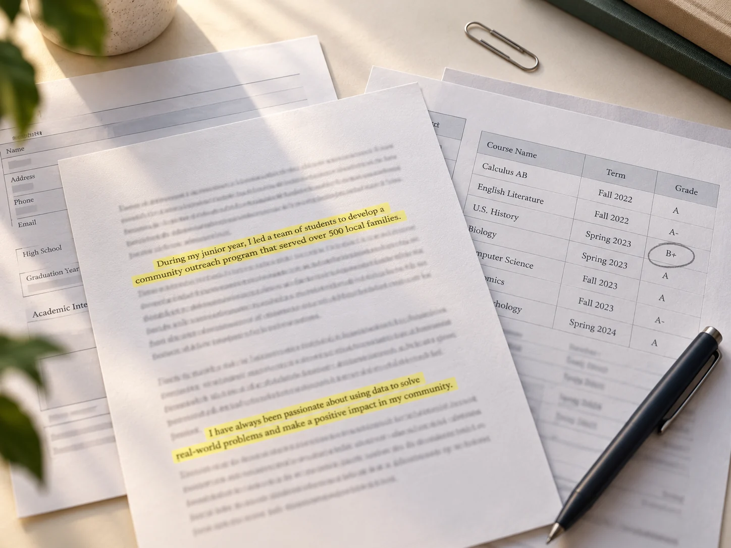 College application documents with highlighted personal statement passages and a transcript showing a circled grade