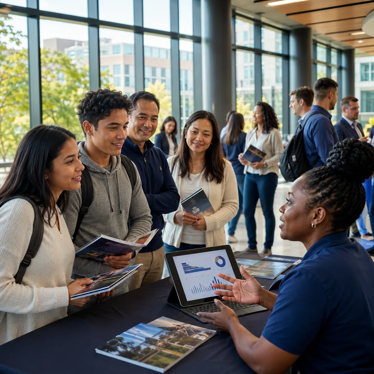 Admissions adviser talking prospective students and families through enrolment data on a tablet at a university open day