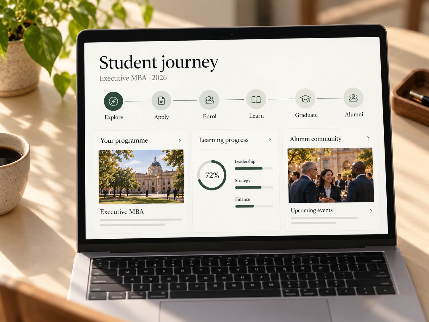 Laptop displaying a student journey from exploration and application through enrolment, learning, graduation and alumni engagement