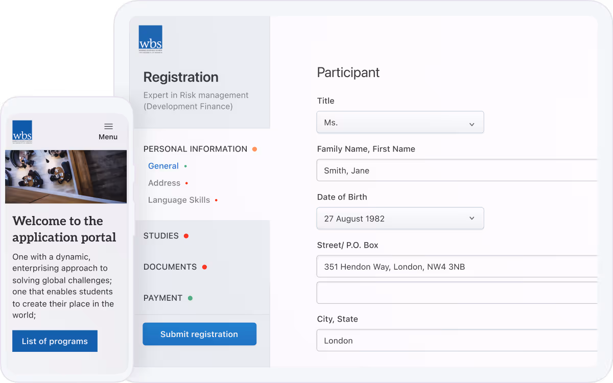 Responsive registration form for an expert in risk management showing personal information fields filled with sample data on a tablet and a welcome message on a smartphone.